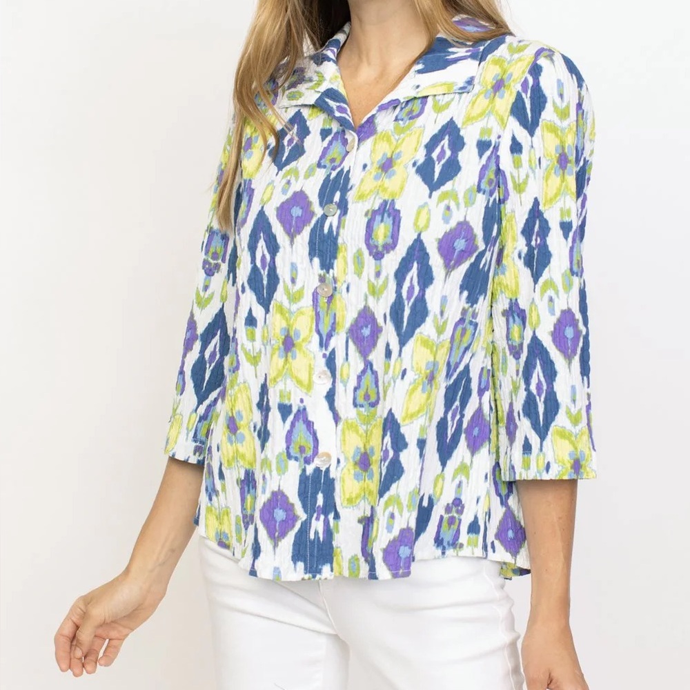 Habitat Button Up Retro Swing Blouse Ikat Print Med Blue Green Boho‎ Casual